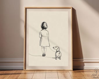 Impression chien saucisse, dessin au trait minimaliste, décoration murale pour chambre d'enfant, cadeau pour amoureux des animaux de compagnie, illustration de teckel, téléchargement numérique