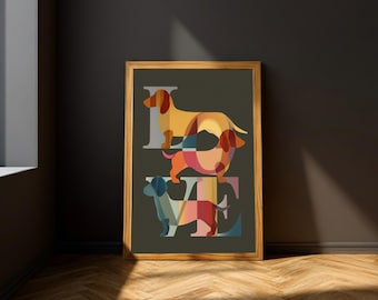 Dachshund Wall Art, Retro Style Sausage Dog Love Print, Pet Lover Digital Decor, Digital Download
