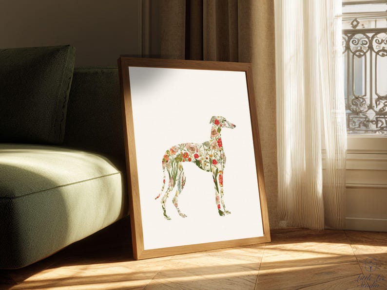 Greyhound Wall Art Print, Floral Greyhound Silhouette, Botanical Dog Art Printable, Digital Greyhound Decor image 8
