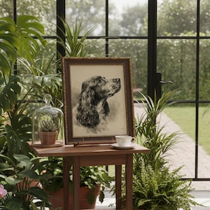May include: A framed black and white portrait of a dog, displayed on a small wooden table. A glass cloche with a potted succulent and a teacup are also on the table. The scene is set in a sunlit room with lush greenery.