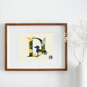 Impresión floral con letra D de Dachshund, arte de pared botánico, descarga digital para decoración del hogar, la oficina, la escuela o manualidades.