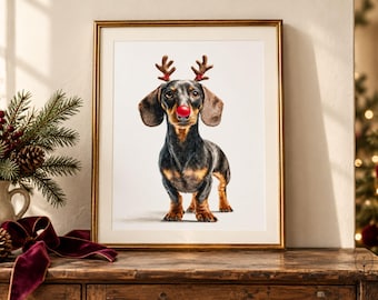 May include: A framed print featuring a black and tan dachshund wearing brown reindeer antlers and a bright red nose. The dog stands centered against a plain white background, captured in a realistic style within a gold-colored frame.