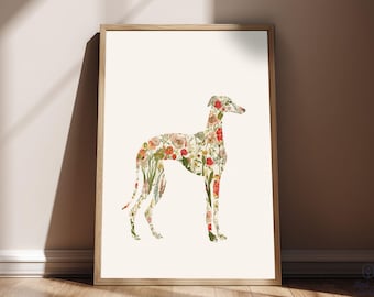 Greyhound Wall Art Print, Floral Greyhound Silhouette, Botanical Dog Art Printable, Digital Greyhound Decor
