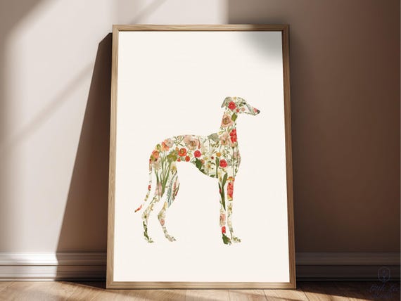 Greyhound Wall Art Print, Floral Greyhound Silhouette, Botanical Dog Art Printable, Digital Greyhound Decor