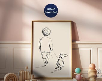 Muurkunst teckel afdrukken worst hond en jongen minimalistische lijntekeningen tekening afdrukken, worstje cadeau voor dierenliefhebbers (digitale download)