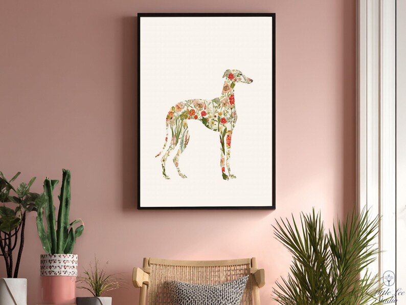 Greyhound Wall Art Print, Floral Greyhound Silhouette, Botanical Dog Art Printable, Digital Greyhound Decor image 2