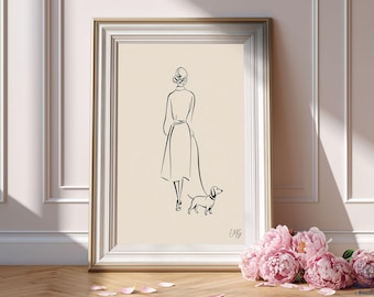 Teckel kunst aan de muur, vrouw wandelen worst hond Line Art Print, minimalistische hond moeder cadeau, afdrukbare mode-illustratie, digitale download