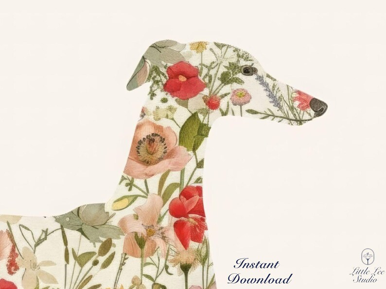 Greyhound Wall Art Print, Floral Greyhound Silhouette, Botanical Dog Art Printable, Digital Greyhound Decor image 6