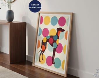 Arte de pared de galgo, impresión de silueta de lunares coloridos, decoración de perro imprimible, regalo original para amantes de los perros, arte canino moderno para el hogar o la oficina