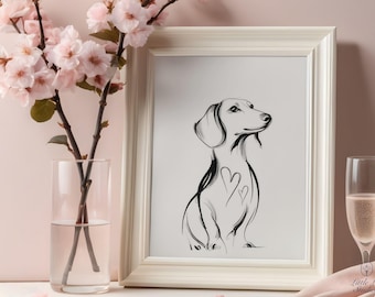 Teckel kunst aan de muur, zeer fijne tekeningen worst hond muur decor, digitale download voor hondenliefhebbers, huisdier verlies cadeau, worstje print