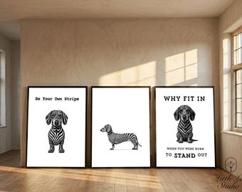 Ensemble d'impressions d'art mural teckel, citation drôle de chien saucisse, décor chien noir et blanc, cadeau chien viennoiseries, téléchargement numérique