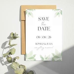 Modelo de Convite para Reserva de Data Verde | Cartão de Casamento Editável Canva | Convite Minimalista para Imprimir | Download Instantâneo