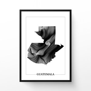 May include: A framed art print featuring the outline of Guatemala filled with flowing black and white lines. The word "GUATEMALA" is printed in a simple font below the map. The frame is black.