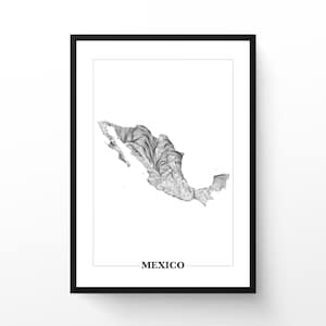 May include: Black framed print featuring a detailed, abstract line drawing of the country of Mexico. The artwork is in black and white, with the country's name printed in a simple font below the map.
