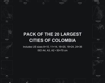 Colombia City Map Prints | Minimalist Black & White, 20 Cities (Digital Download)
