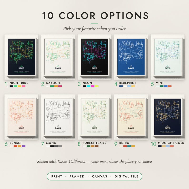 The Bike City Map in all 10 color options, numbered 1 to 10 with their names
