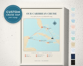 May include: A framed map titled OUR CARIBBEAN CRUISE featuring a light blue ocean and tan landmasses. The map displays a cruise route connecting Miami, Nassau, Ocho Rios, Grand Cayman, and Cozumel with red numbered markers and a compass rose.