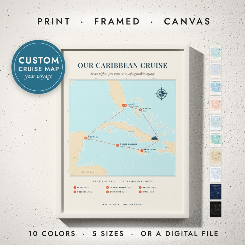 Cruise Route Map print in a white frame on a white wall — print, framed, canvas or digital file, 10 colors, 5 sizes