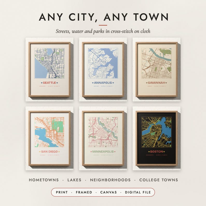 Cross-Stitch City Map examples for six cities