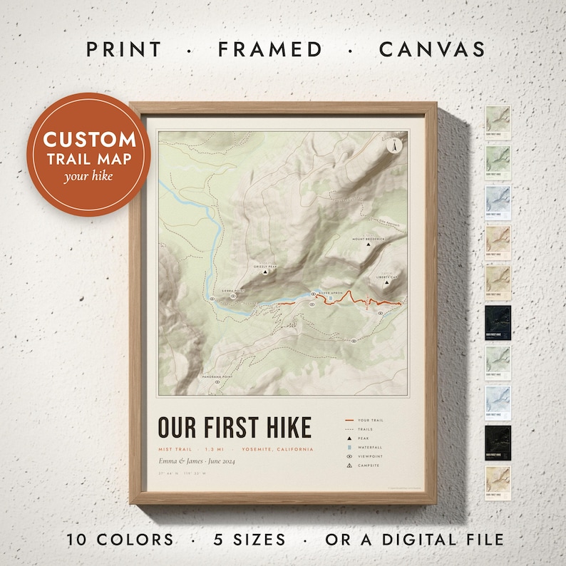 Hiking Trail Map print in a natural oak frame on a white wall — print, framed, canvas or digital file, 10 colors, 5 sizes