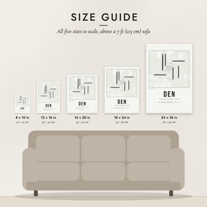 Size guide: 8×10, 12×16, 16×20, 18×24, 24×36 inch prints shown to scale above a sofa