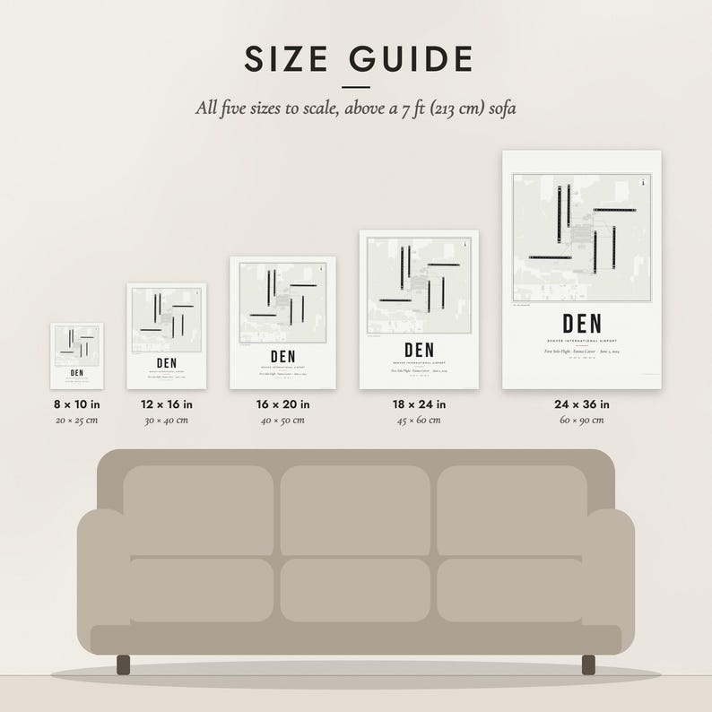 Size guide: 8×10, 12×16, 16×20, 18×24, 24×36 inch prints shown to scale above a sofa