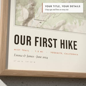 Close-up of the personalized title and details on the Hiking Trail Map print