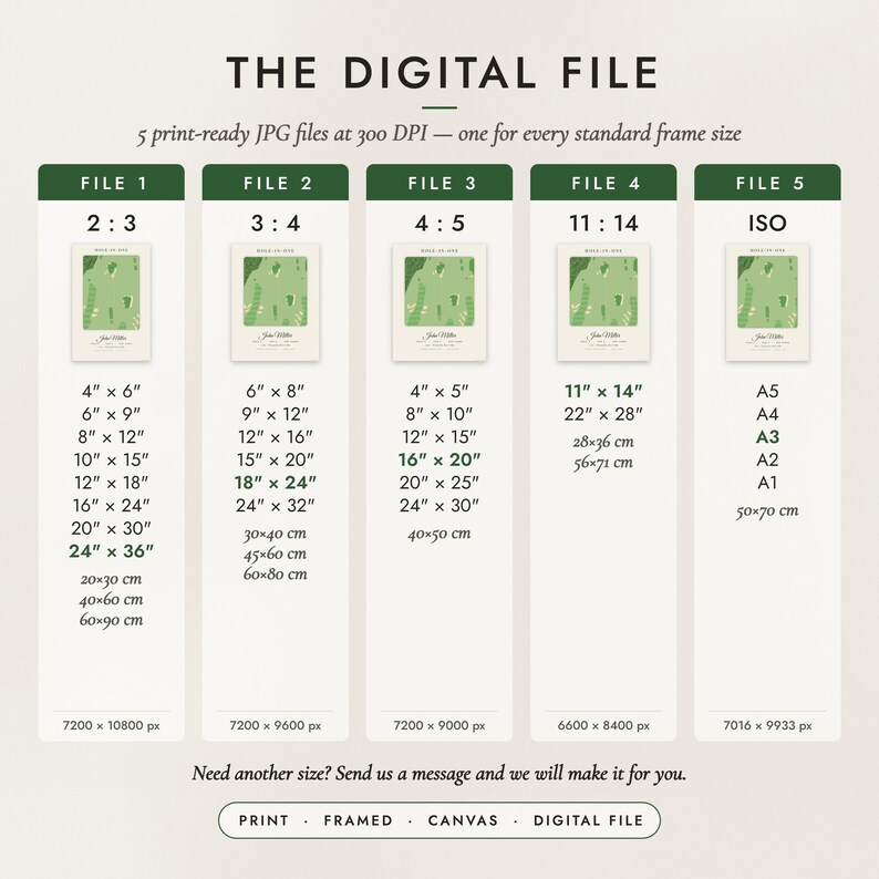 The Digital File option: five print-ready JPG files in 2:3, 3:4, 4:5, 11:14 and ISO ratios at 300 DPI