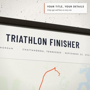 Close-up of the personalized title and details on the Triathlon Map print