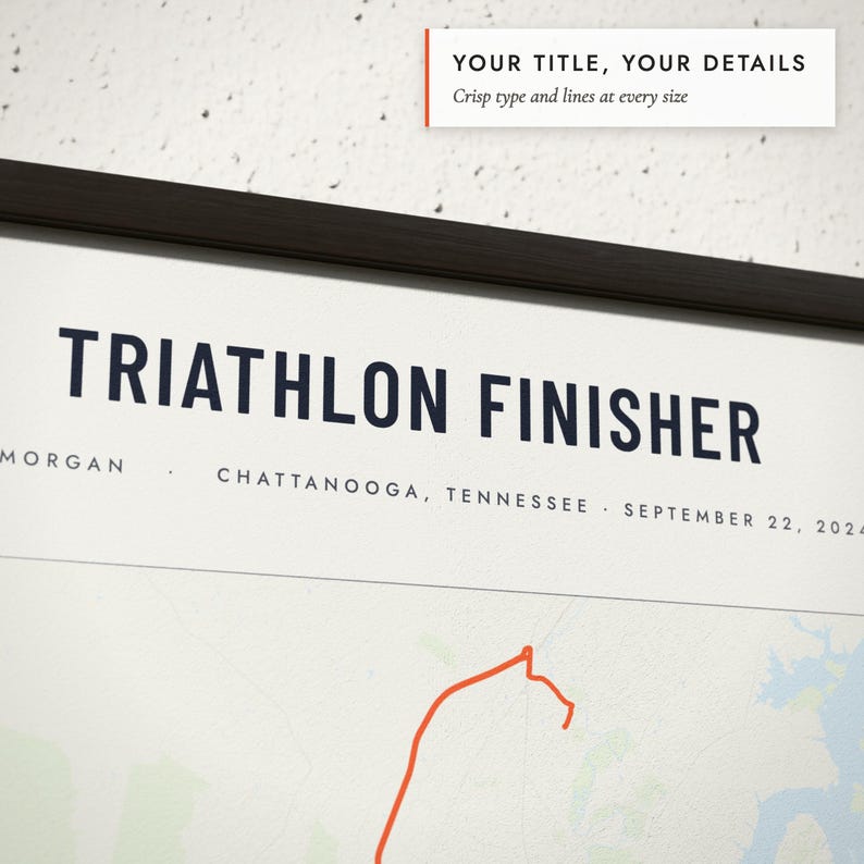 Close-up of the personalized title and details on the Triathlon Map print