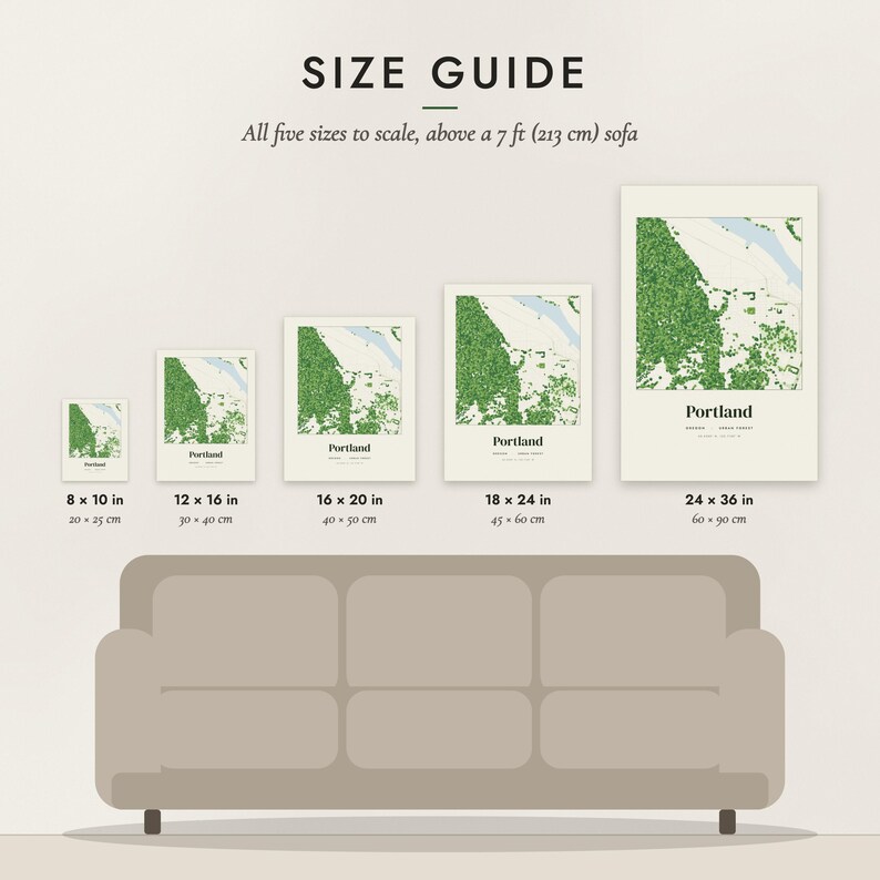 Size guide: 8×10, 12×16, 16×20, 18×24, 24×36 inch prints shown to scale above a sofa
