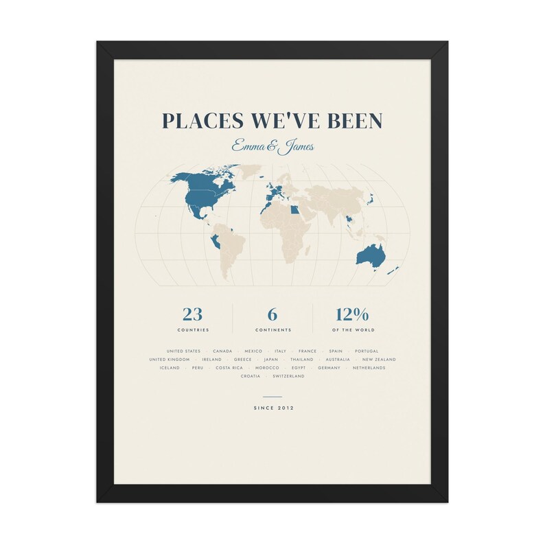 Real product photo: the Custom Places We've Been Map Print in the black wood frame with a clear acrylic front