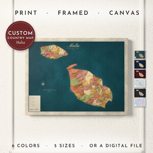 Malta Map Print, Personalized Malta Wall Art for Canvas or Poster, Detailed Map with Cities, Heritage Gift, Framed, Canvas or Digital