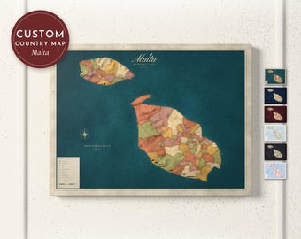 Malta Map Print, Personalized Malta Wall Art for Canvas or Poster, Detailed Map with Cities, Heritage Gift, Framed, Canvas or Digital