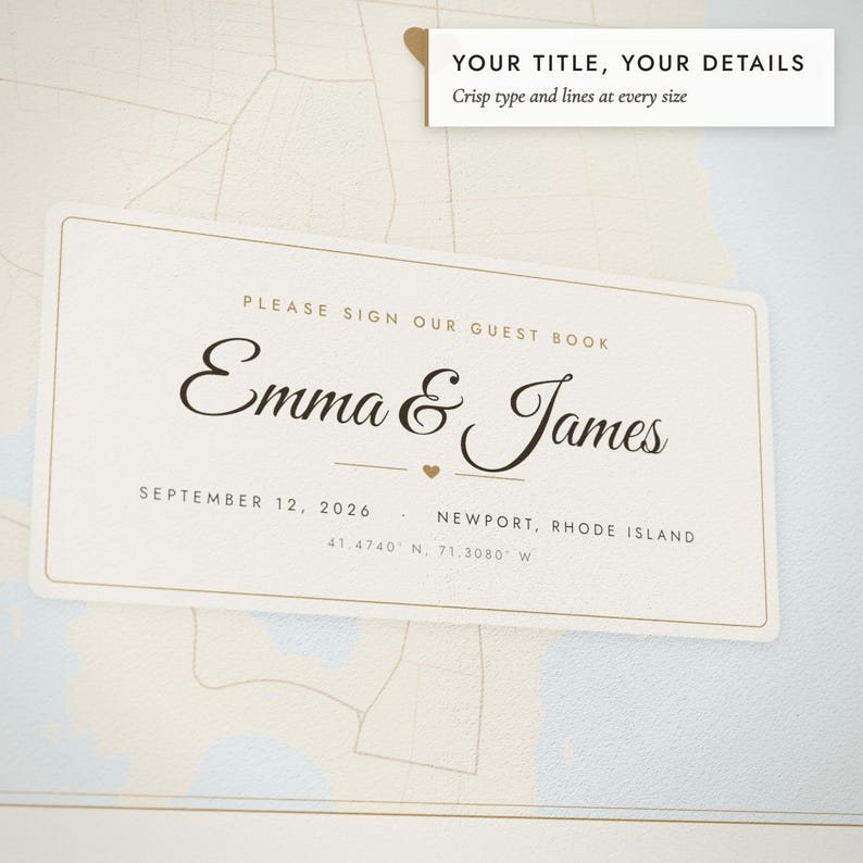 Close-up of the personalized title and details on the Guest Book Map print