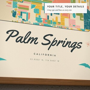 Close-up of the personalized title and details on the Mid-Century City Map print