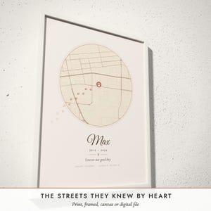 Three-quarter view of the framed Pet Memorial Map poster on a white plaster wall