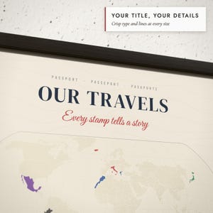 Close-up of the personalized title and details on the Passport Stamp Map print