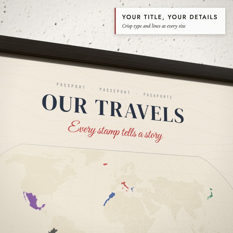 Close-up of the personalized title and details on the Passport Stamp Map print