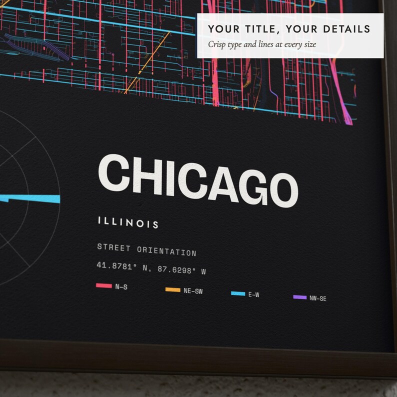 Close-up of the personalized title and details on the Street Orientation Map print