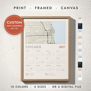 Map Calendar 2027 print in a natural oak frame on a white wall — print, framed, canvas or digital file, 10 colors, 5 sizes