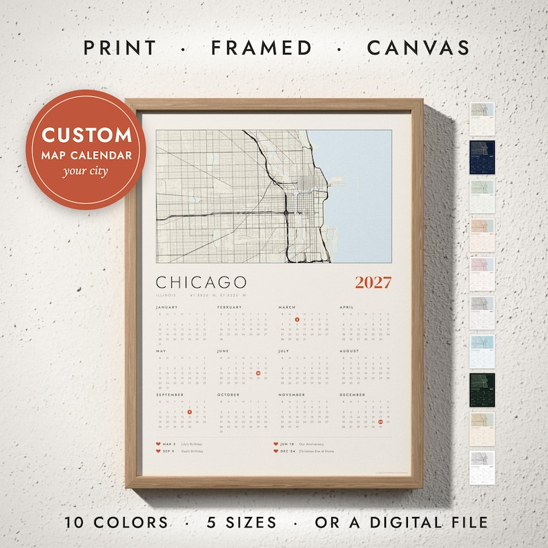 Map Calendar 2027 print in a natural oak frame on a white wall — print, framed, canvas or digital file, 10 colors, 5 sizes