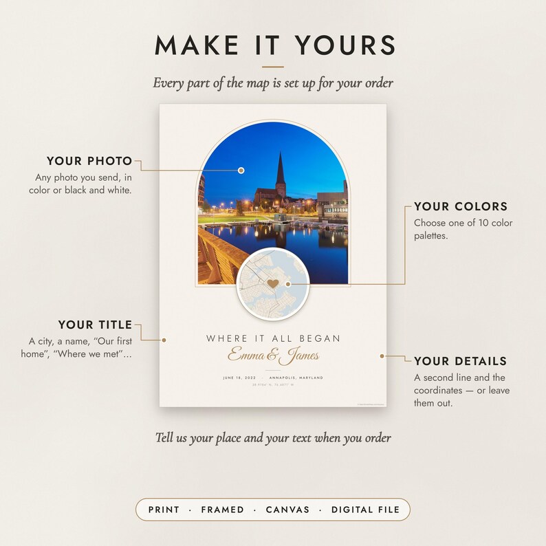 Diagram of what you can personalize: location, colors, title and details
