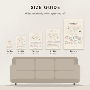 Size guide: 8×10, 12×16, 16×20, 18×24, 24×36 inch prints shown to scale above a sofa