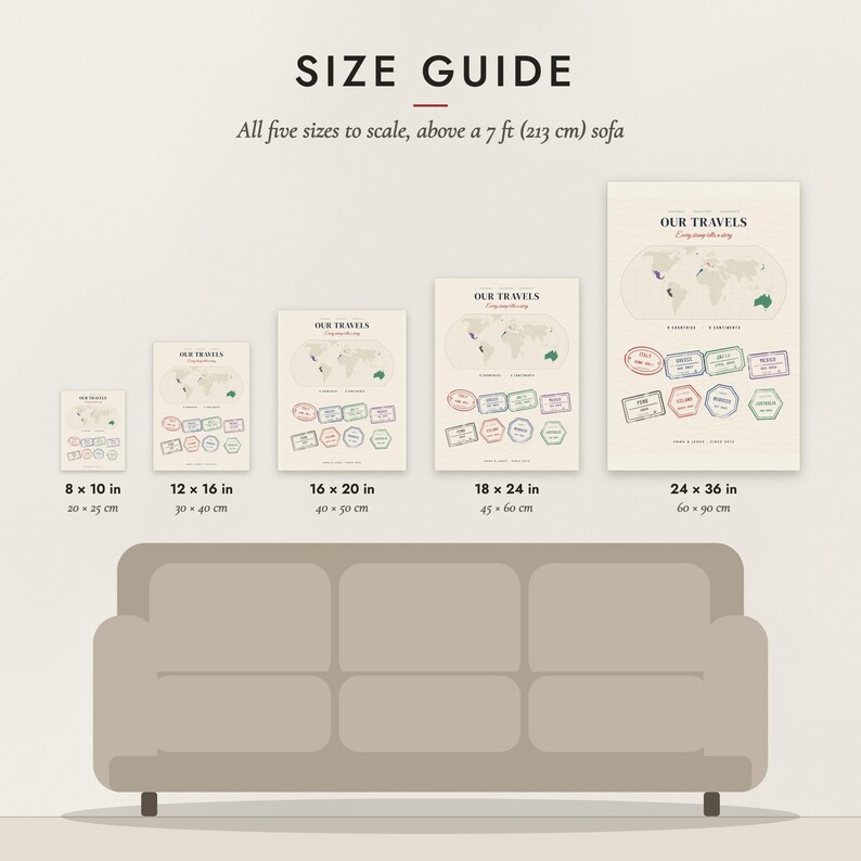Size guide: 8×10, 12×16, 16×20, 18×24, 24×36 inch prints shown to scale above a sofa