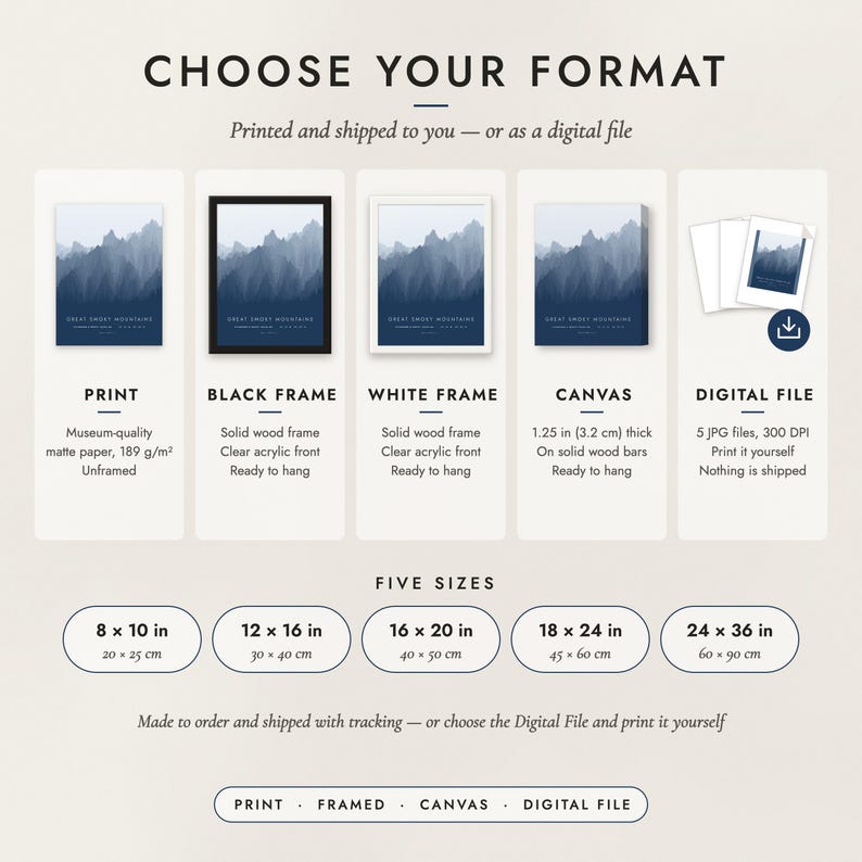 The formats to choose from: matte paper print, black frame, white frame, canvas and the digital file, with the five sizes
