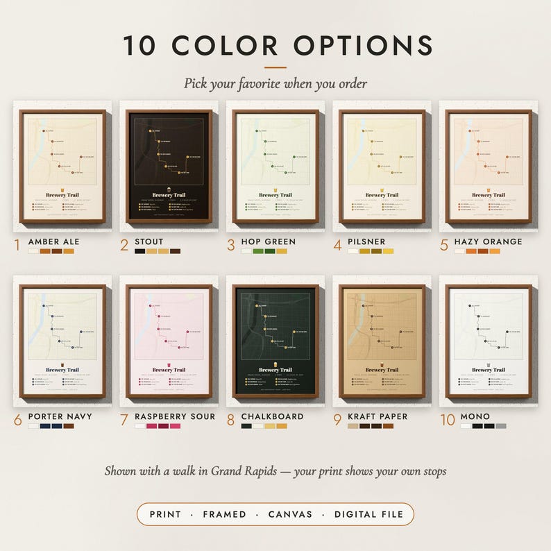 The Brewery Trail Map in all 10 color options, numbered 1 to 10 with their names
