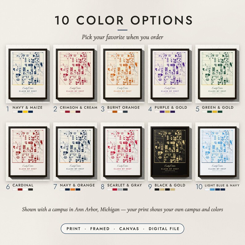 The Campus Map in all 10 color options, numbered 1 to 10 with their names