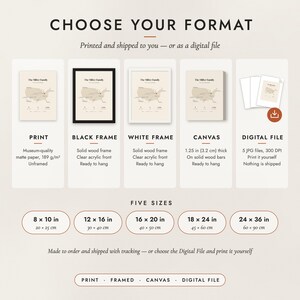 The formats to choose from: matte paper print, black frame, white frame, canvas and the digital file, with the five sizes