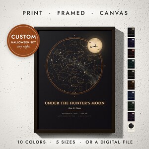 Custom Halloween Star Map with Full Moon and Witch, Night Sky Print of Any Date, Hunter's Moon Star Chart, Spooky Gift, Framed or Canvas